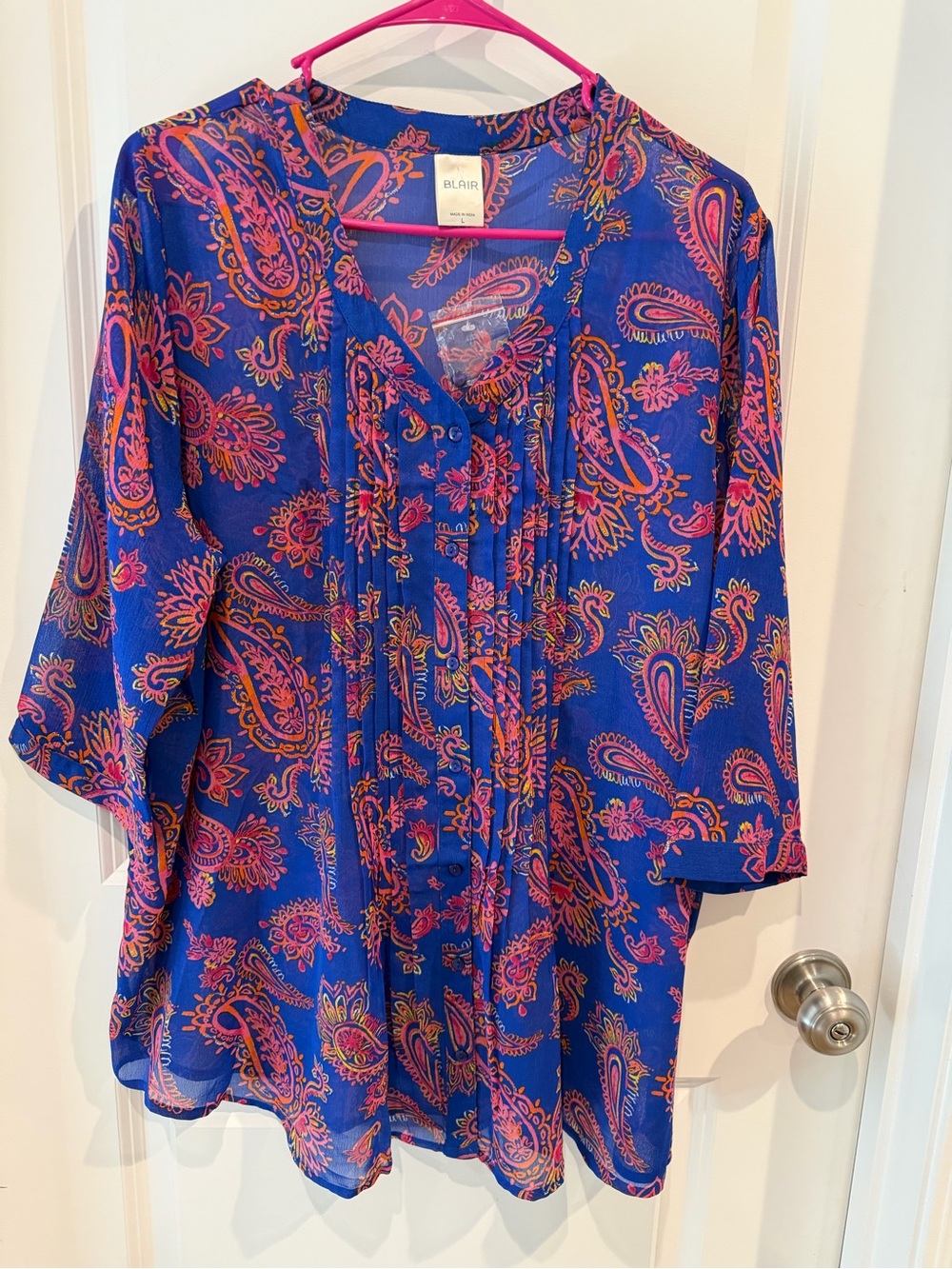 NWOT Blair Blue Paisley Button-Front Blouse Size Large